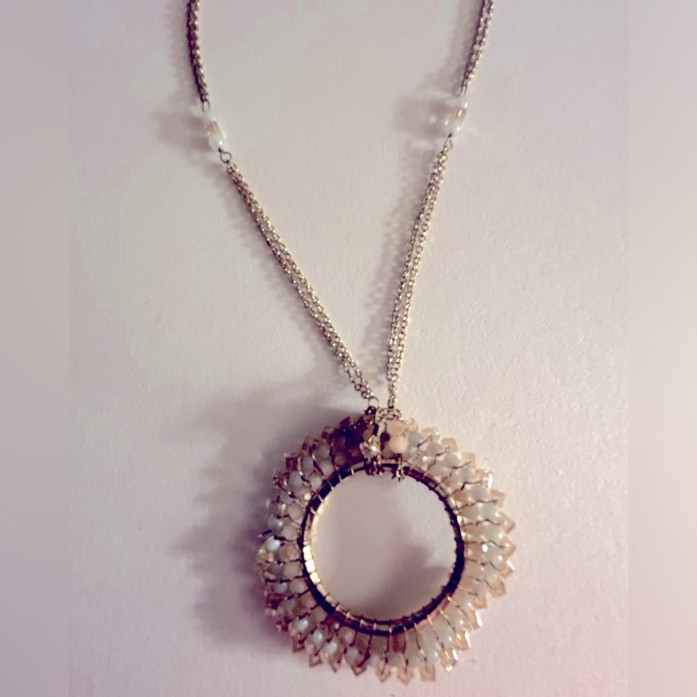 Necklace vintage Tiny iridescent & opalite glass crystals 2” pendant, 26” chains